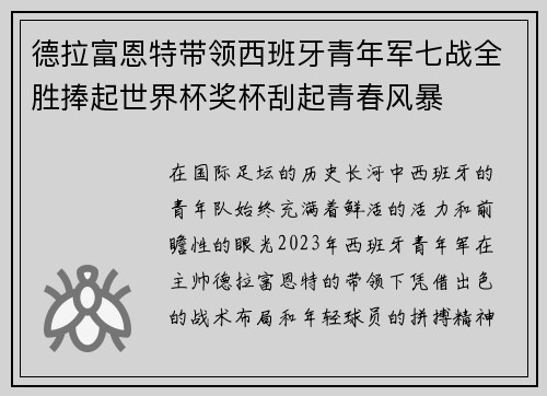 德拉富恩特带领西班牙青年军七战全胜捧起世界杯奖杯刮起青春风暴